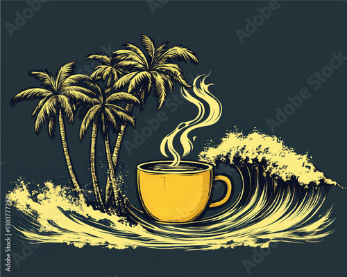 Vibrant Vector Art of Tropical Paradise with Palm Trees, Steaming Coffee Cup, and Dynamic Ocean Waves in Surreal Coastal Beach Setting for Graphic Design Inspiration