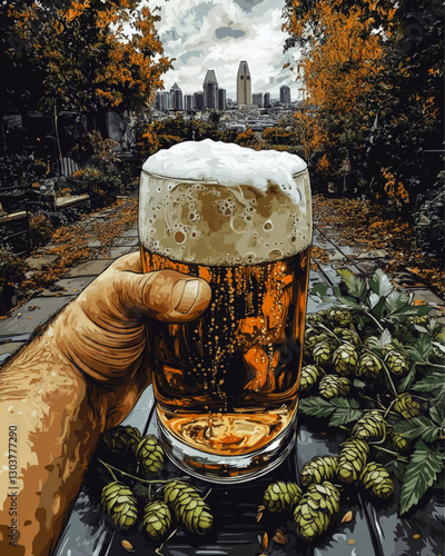 Vibrant Vector Art of Hand Holding Craft Beer in Pint Glass with Foam, Hops on Table, and Autumn Cityscape View Featuring Skyscrapers Under Cloudy Sky