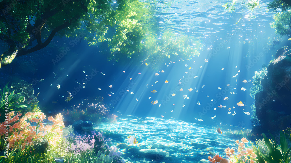Beneath the surface, serene blue water sparkles with sunlight, creating a tranquil underwater scene perfect for relaxation. Clarity - Mist. Illustration Beneath the surface, serene blue water sparkles with sunlight, creating a tranquil underwater scene perfect for relaxation. Clarity - Mist. Illustration