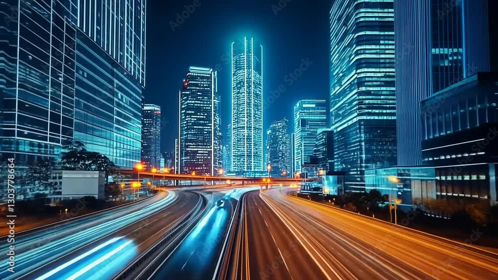 Futuristic Cityscape with Streaks of Light: Modern Metropolis at Night with Fast Traffic Futuristic Cityscape with Streaks of Light: Modern Metropolis at Night with Fast Traffic