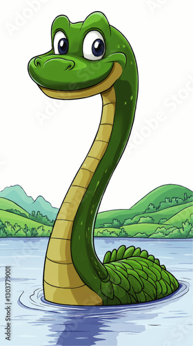 Adorable Cartoon Loch Ness Monster Vector Illustration with Green Scales in Serene Lake and Rolling Hills Landscape Ideal for Kids Theme Projects and Merchandise