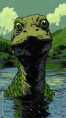 Charming Cartoon Loch Ness Monster Vector in Tranquil Lake Setting with Lush Green Hills and Blue Sky - Mythical Creature Illustration for Fans and Designers