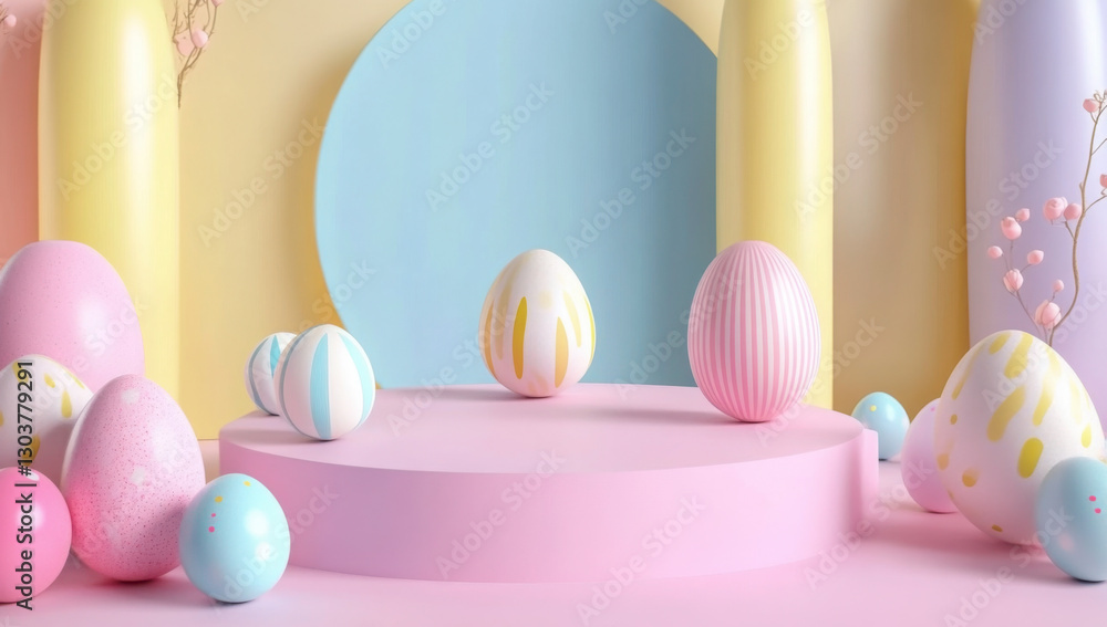 Set of 3D happy easter day background. Platforms mockup product display. Abstract composition minimal design. Stage showcase.
Set of 3D happy easter day background. Platforms mockup product display. Abstract composition minimal design. Stage showcase.