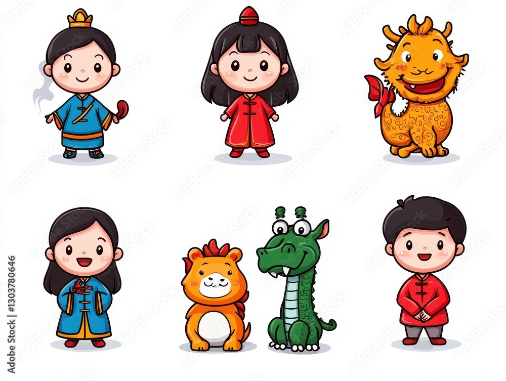 Colorful cartoon characters in traditional attire celebrating a festival Colorful cartoon characters in traditional attire celebrating a festival