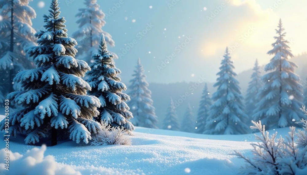 Naklejka premium Frosty trees with snowflakes gently falling amidst a serene winter landscape, evergreen, branches