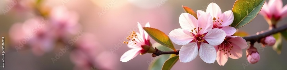 Pastel pink pear flowers bloom on tree branches, leaves, gentle, hues Pastel pink pear flowers bloom on tree branches, leaves, gentle, hues