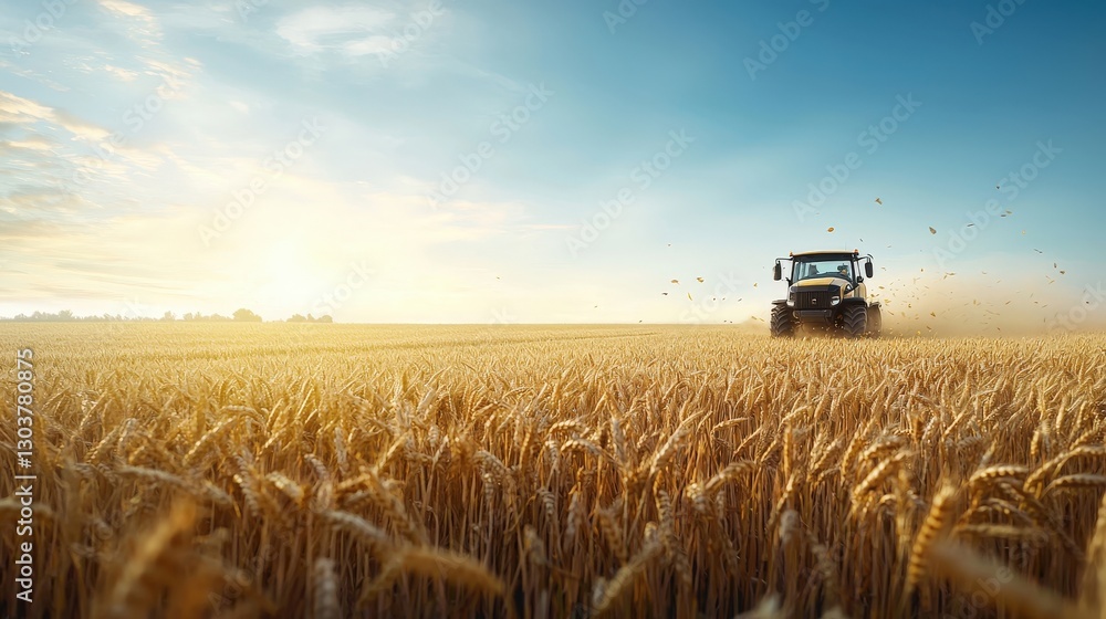Fototapeta premium Tractor in Golden Wheat Field at Sunrise