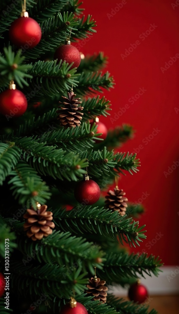 Foliage and pinecones create a cozy atmosphere around a Christmas tree near a bright red wall, Christmas, tree Foliage and pinecones create a cozy atmosphere around a Christmas tree near a bright red wall, Christmas, tree