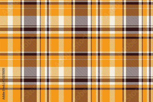 Top pattern texture check, fancy textile tartan background. Sample vector plaid seamless fabric in orange and dark colors.