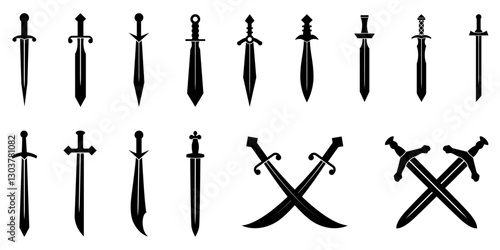 Sword Silhouette Collection Vector Illustration of Various Medieval, Fantasy, and Historical Blades, Perfect for Weapons, Combat, Samurai, Knight, RPG, and Warrior Themed Designs