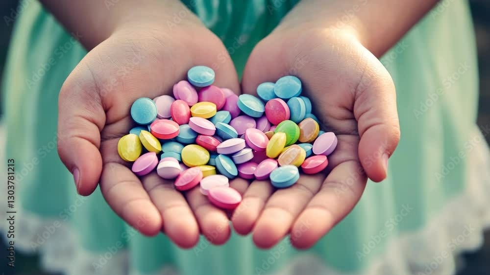 Colorful candy held by a child's hands at a sunny outdoor gathering in a park during summer Colorful candy held by a child's hands at a sunny outdoor gathering in a park during summer