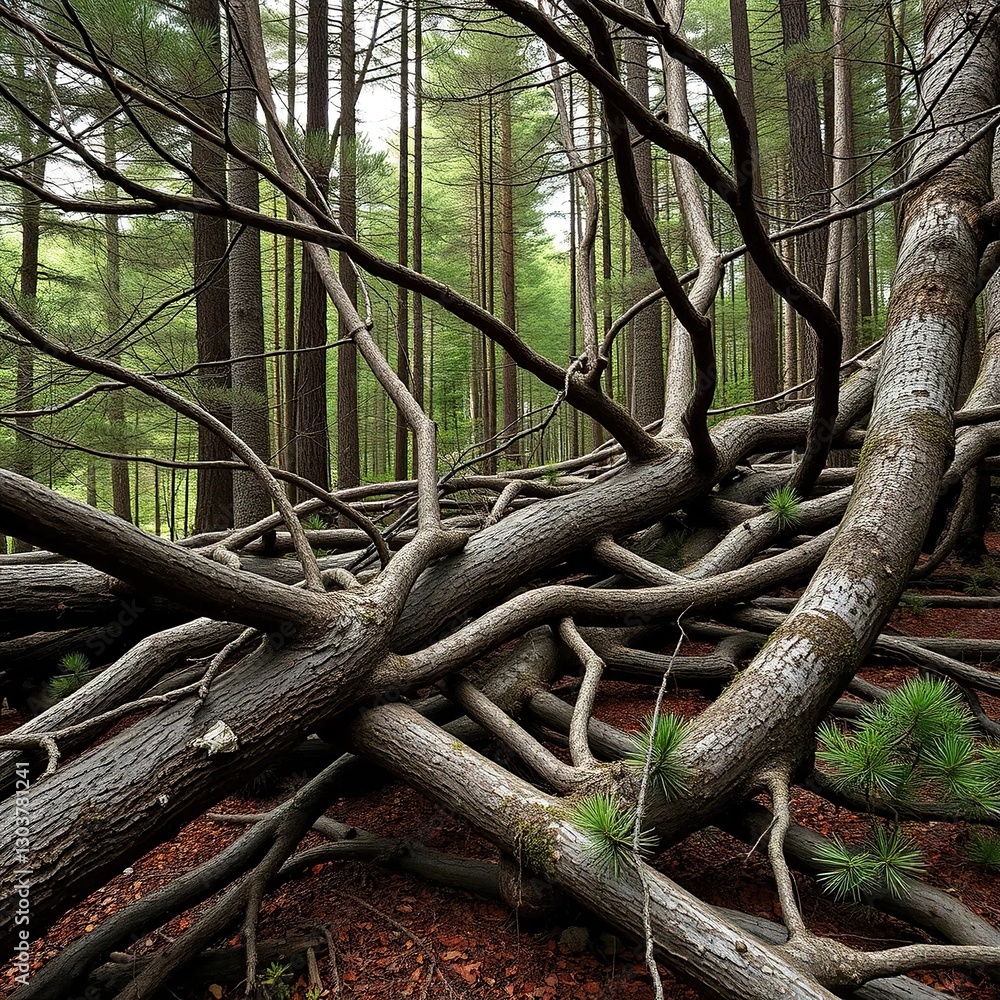 Obraz premium Branches and trunks of fallen conifers intertwined, entwined, forest