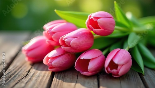 Tulip bouquet in shades of pink and green on a wooden table, nature, garden