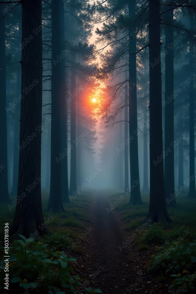 Obraz premium Tall trees in a dense English forest during twilight with misty atmosphere, natural atmosphere, tree trunks