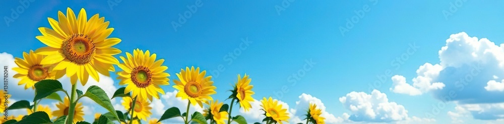 Obraz premium Tall sunflowers sway gently in the breeze against a brilliant blue sky with just a few wispy clouds, nature, sky, cloud