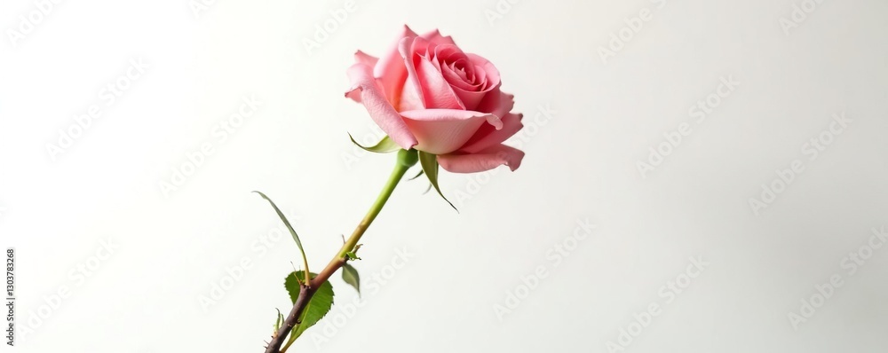 Single rose stem with isolated thorns on white background, isolated flowers, botanical photography, flower detail