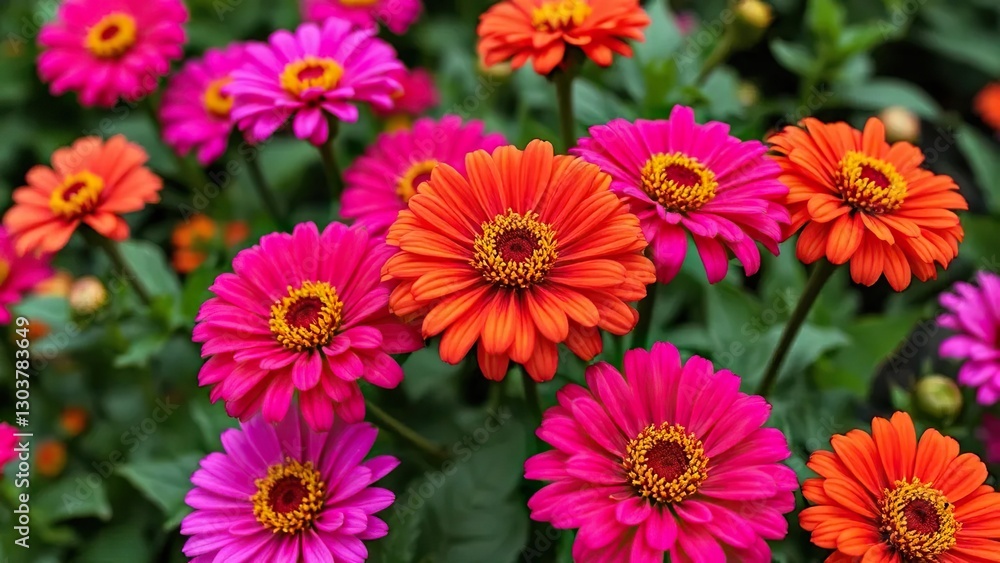 Brightly colored Zinnia flowers blooming in a garden, petals, flower Brightly colored Zinnia flowers blooming in a garden, petals, flower