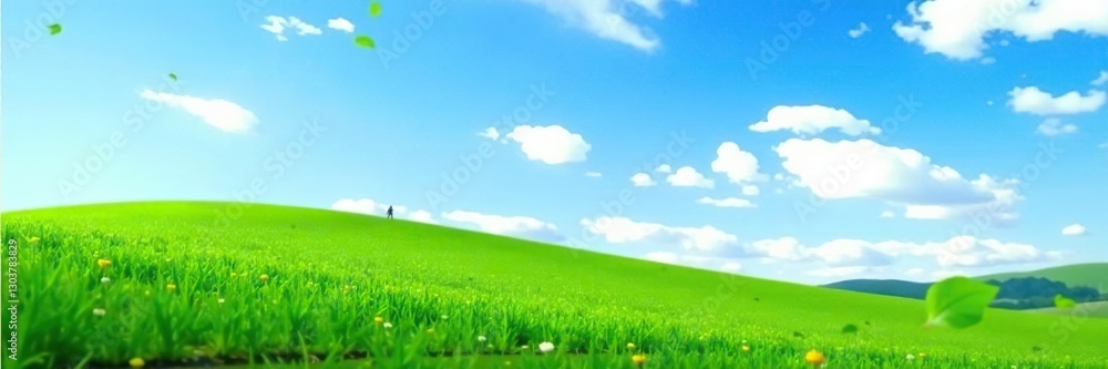 Fototapeta premium Soft focus of a blue sky over a rolling hill of green grass, grass, serene