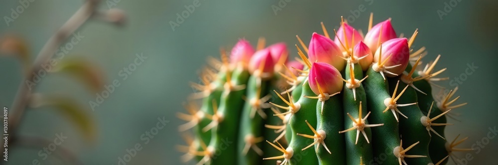 Variegated leaves and pink buds on a desert cactus-like stem, stems, Gymnocalycium Variegated leaves and pink buds on a desert cactus-like stem, stems, Gymnocalycium