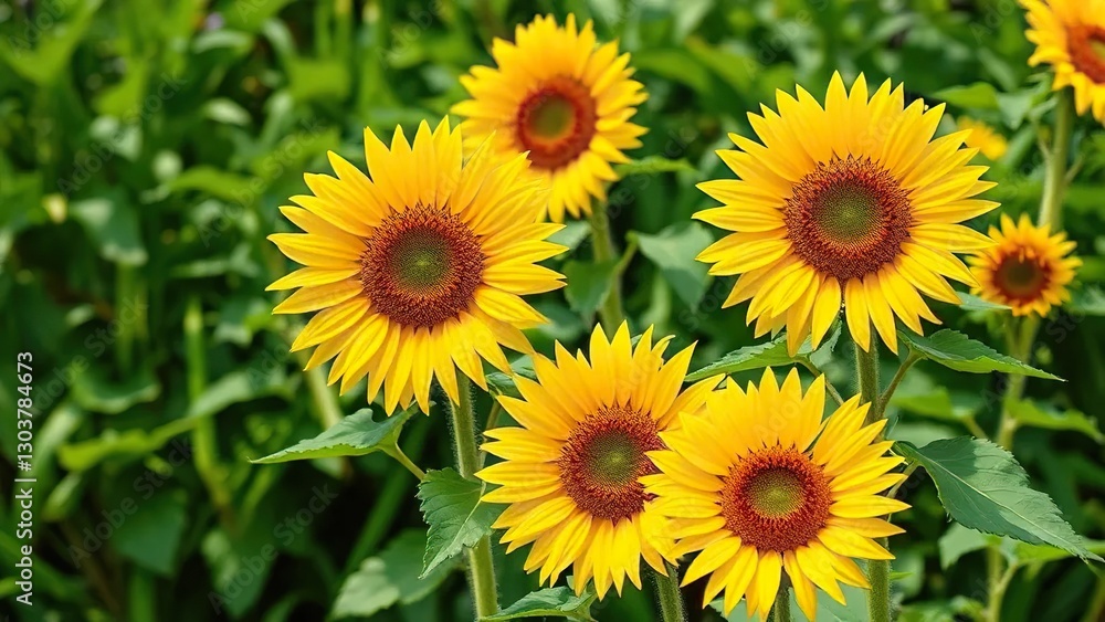 Bright yellow sunflowers against a lush green leafy background, summer, sunshine, flowers Bright yellow sunflowers against a lush green leafy background, summer, sunshine, flowers