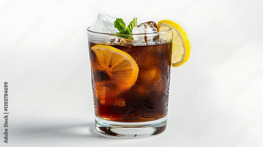 A glass of iced tea with lemon slices and mint on a clean white background A glass of iced tea with lemon slices and mint on a clean white background