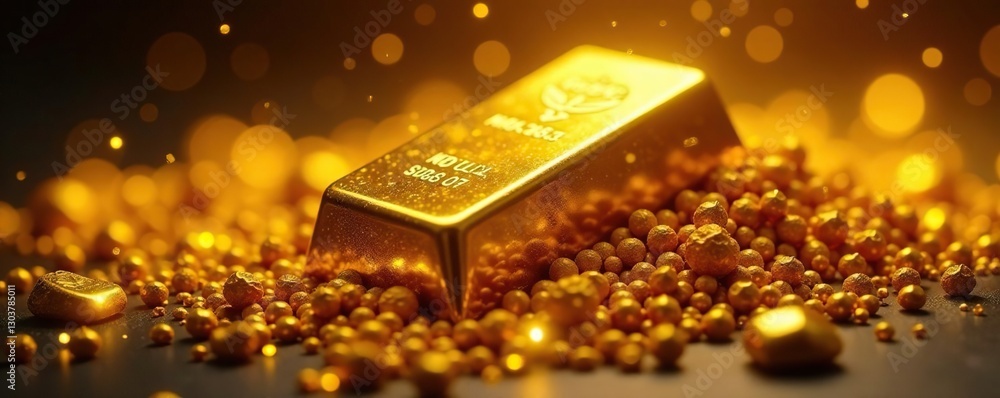 Lustrous gold bar in a heap of luminous golden particles, treasure, particle Lustrous gold bar in a heap of luminous golden particles, treasure, particle