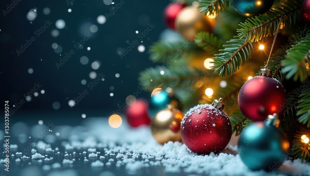 Sparkling snowflakes fall on a festive Christmas background with colorful baubles and golden bokeh lights, Christmas tree, festive atmosphere Sparkling snowflakes fall on a festive Christmas background with colorful baubles and golden bokeh lights, Christmas tree, festive atmosphere