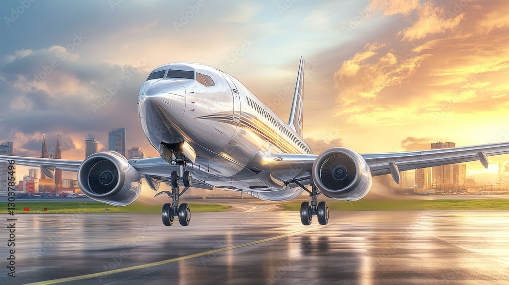 Modern Passenger Airplane Taking Off into the Vibrant Evening Sky, Embarking on a Journey Modern Passenger Airplane Taking Off into the Vibrant Evening Sky, Embarking on a Journey