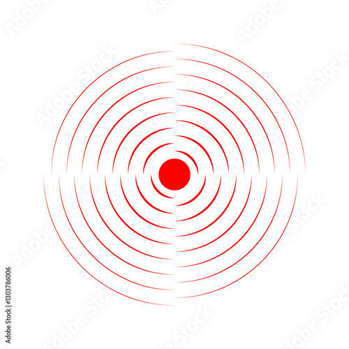 Pain localization icon. Red concentric circles. Target, coverage or vibration symbol. Pulse or ache sign. Sonar wave, radar or sound signal pictogram isolated on white background. Vector illustration.