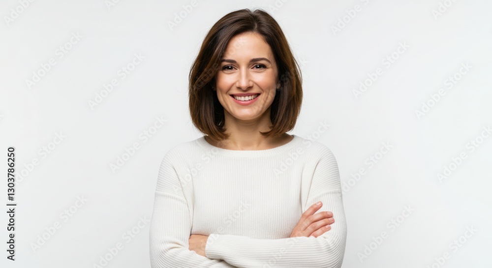 Smiling woman with arms crossed, wearing a cream-colored sweater against a white background. Smiling woman with arms crossed, wearing a cream-colored sweater against a white background.