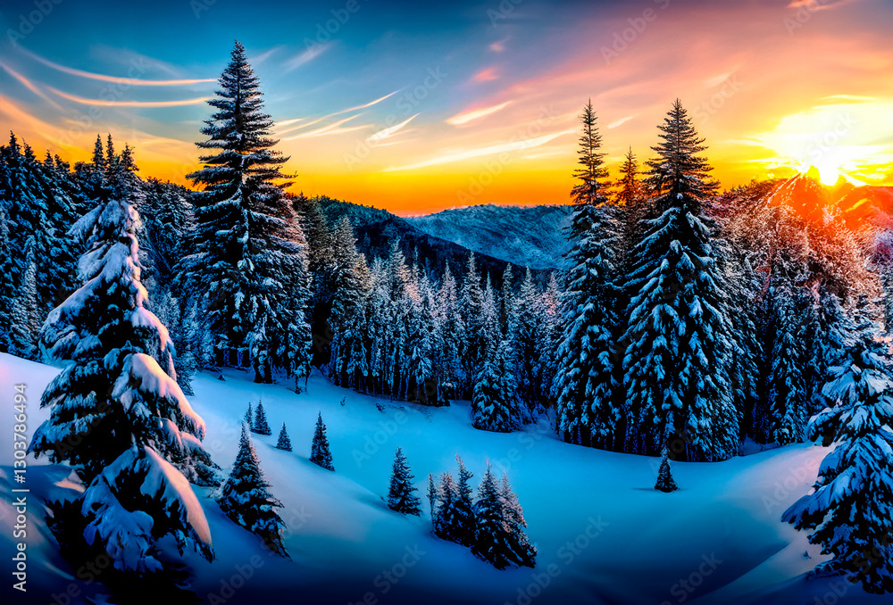 Sunset in snow covered trees and mountains