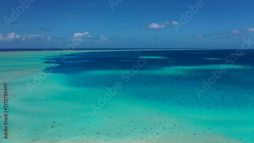 One of the biggest atoll in the world. Fakarava islands from above. Paradise in the middle of Pacific ocean. Atoll near Tahiti in French Polynesia