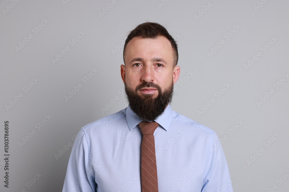 Handsome bearded man in formal outfit on grey background Handsome bearded man in formal outfit on grey background
