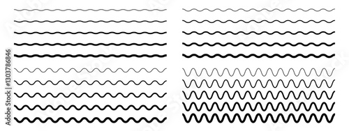 Set of horizontal wavy lines. Undulated borders. Curved stripes with different thicknesses. Water symbols. River, sea, lake or ocean signs isolated on white background. Vector outline illustration.