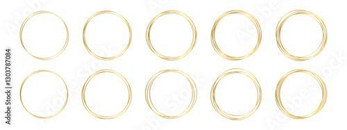 Set of golden circle frames isolated on white background. Collection of shiny luxury round borders. Decorative frameworks, design elements for banners, greeting or wedding cards. Vector illustration.