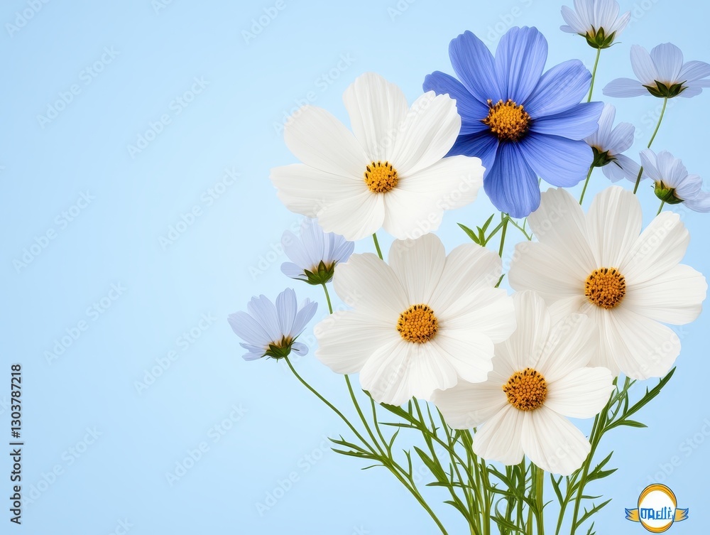 Obraz premium A vibrant bouquet of white and blue flowers against a soft blue background