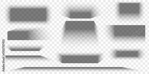 Set of banner, paper or packing box shadow effects. Different realistic soft grey shapes. Rectangular shades isolated on transparent background. Vector realistic illustration.