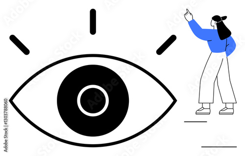 Woman gesturing upward near bold eye graphic symbolizing focus and perception. Ideal for awareness, observation, creativity, insight, growth, problem-solving, vision. Flat simple metaphor