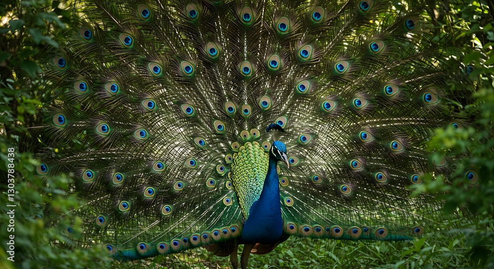 Obraz premium Peacock Displaying Feathers Amidst Greenery in a Natural Habitat Setting