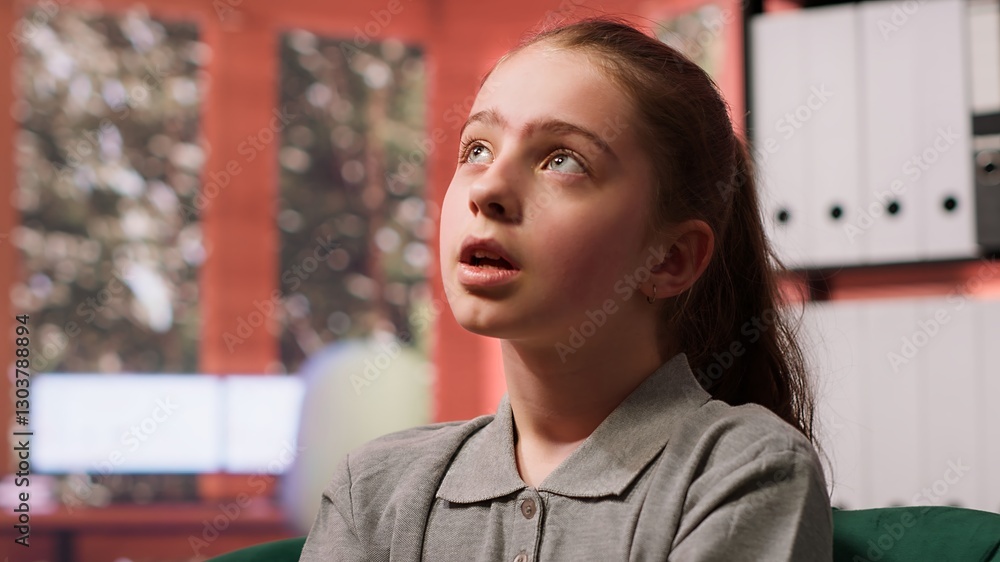 Obraz premium Worried adolescent with low self esteem and depression opening up in counseling session, feeling stressed with internal frustration and low confidence. Behavioral therapy. Camera A.