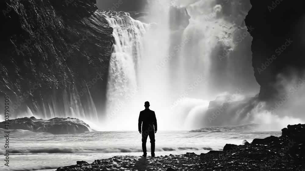 Majestic waterfall captured in black and white with a solitary figure standing in awe at its base Majestic waterfall captured in black and white with a solitary figure standing in awe at its base