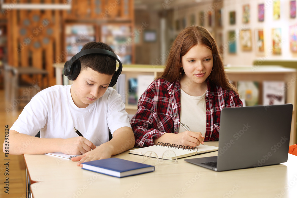 Teenage friends with laptop doing homework at desk in library Teenage friends with laptop doing homework at desk in library