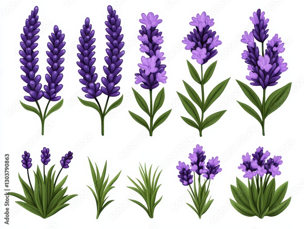 Fototapeta premium A vibrant collection of lavender flowers in various stages of bloom, showcasing their beauty and diversity against a clean white background, ideal for botanical illustrations or floral design projects