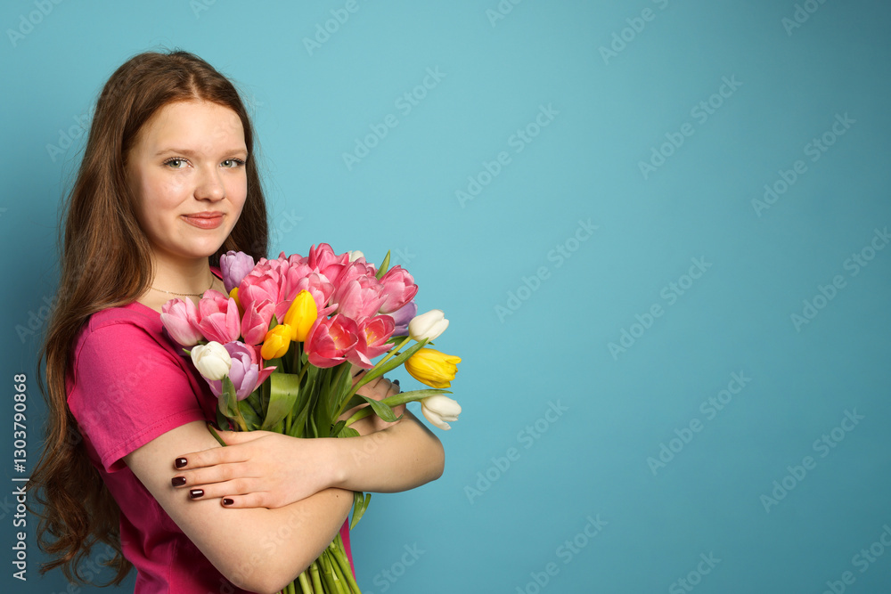 Beautiful teenage girl with bouquet of tulips on light blue background, space for text Beautiful teenage girl with bouquet of tulips on light blue background, space for text