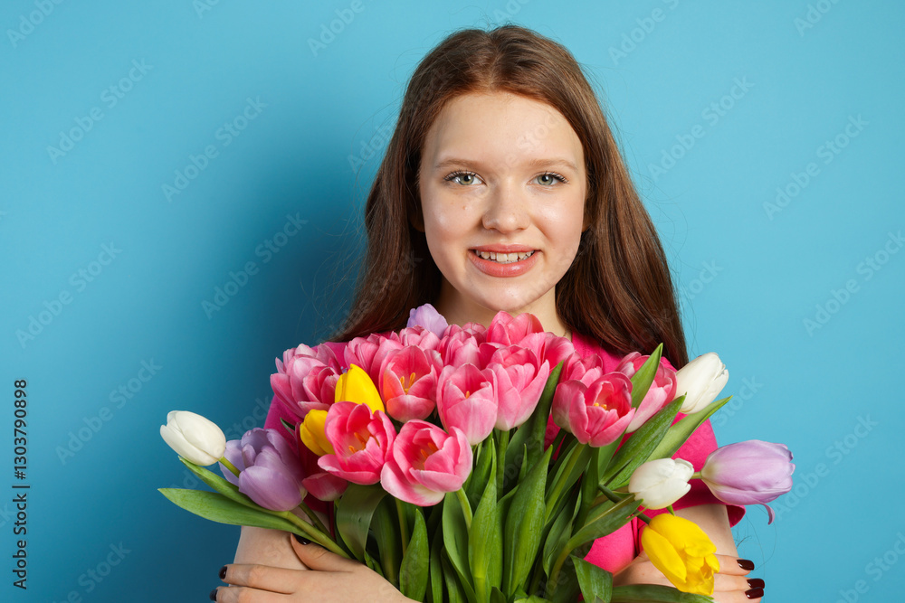 Beautiful teenage girl with bouquet of tulips on light blue background Beautiful teenage girl with bouquet of tulips on light blue background