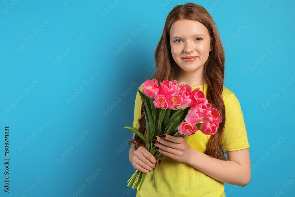 Beautiful teenage girl with bouquet of tulips on light blue background, space for text Beautiful teenage girl with bouquet of tulips on light blue background, space for text