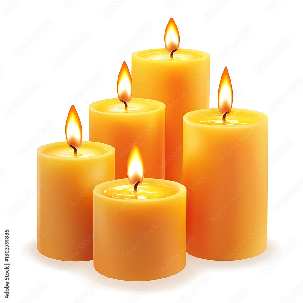Burning orange candles with flickering flames, casting a warm glow The candles are isolated on white background Burning orange candles with flickering flames, casting a warm glow The candles are isolated on white background