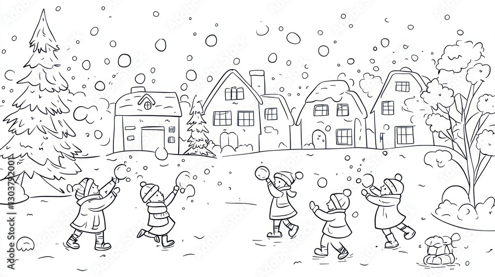Fototapeta premium Children playing snowballs in a snowy village. Possible use Coloring book illustration