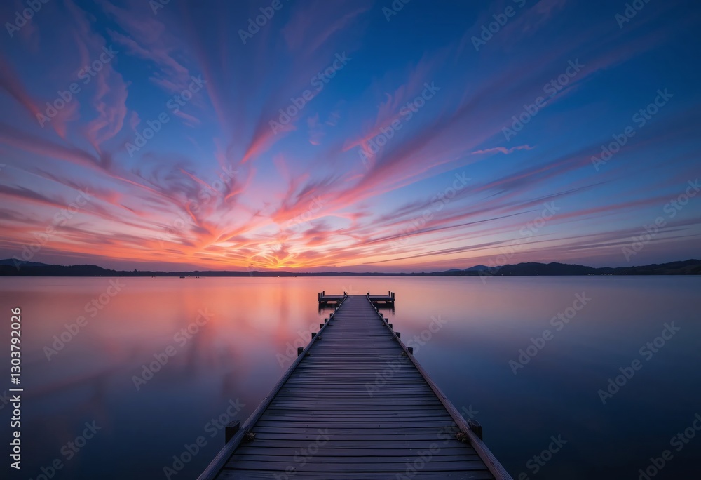 Serene Sunset, Calm Waters. Twilight Sky Reflecting On The Lake, Dock Leading To Stillness. Nature's Beauty, Peaceful Evening Scene, Inspiring Tranquility And Reflection Serene Sunset, Calm Waters. Twilight Sky Reflecting On The Lake, Dock Leading To Stillness. Nature's Beauty, Peaceful Evening Scene, Inspiring Tranquility And Reflection