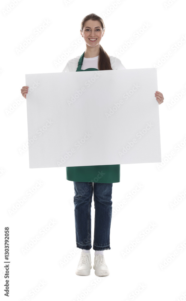 Smiling cleaning service worker with sheet of paper on white background. Space for text Smiling cleaning service worker with sheet of paper on white background. Space for text